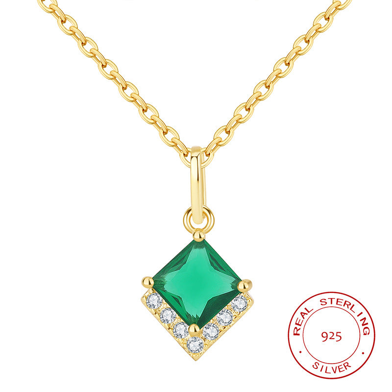 S925 Sterling Silver Emerald Green C/Z 14K Gold Plated Pendant Necklace