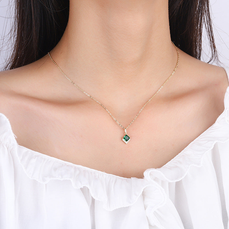 S925 Sterling Silver Emerald Green C/Z 14K Gold Plated Pendant Necklace