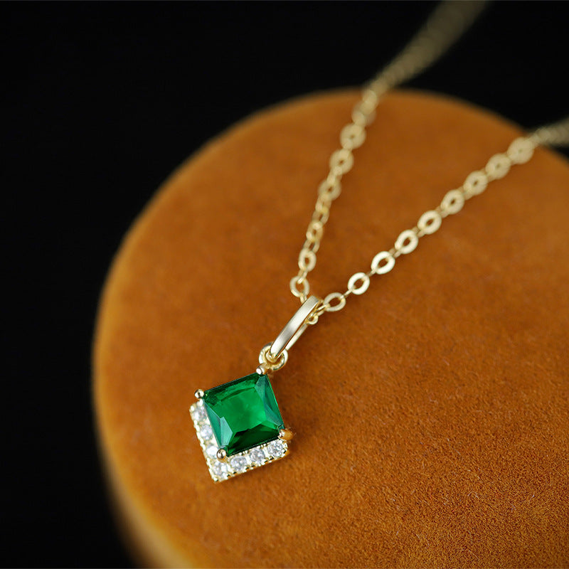 S925 Sterling Silver Emerald Green C/Z 14K Gold Plated Pendant Necklace