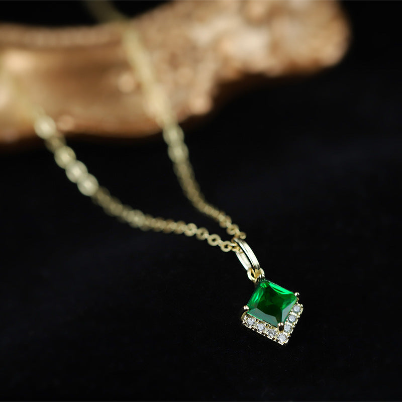 S925 Sterling Silver Emerald Green C/Z 14K Gold Plated Pendant Necklace