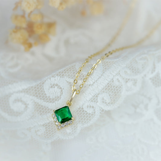 S925 Sterling Silver Emerald Green C/Z 14K Gold Plated Pendant Necklace