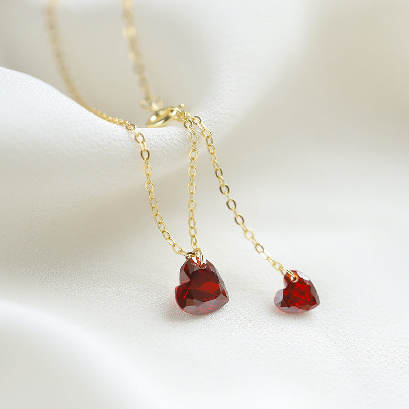 Sterling Silver Double Heart Red C/Z 14K Gold Plated Pendant Necklace
