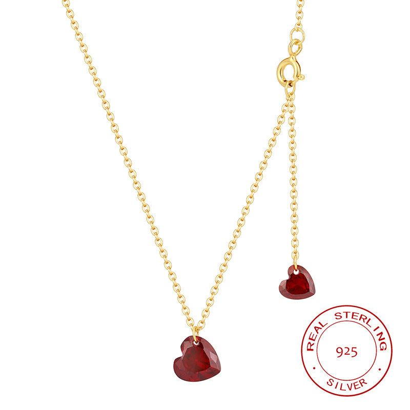 Sterling Silver Double Heart Red C/Z 14K Gold Plated Pendant Necklace