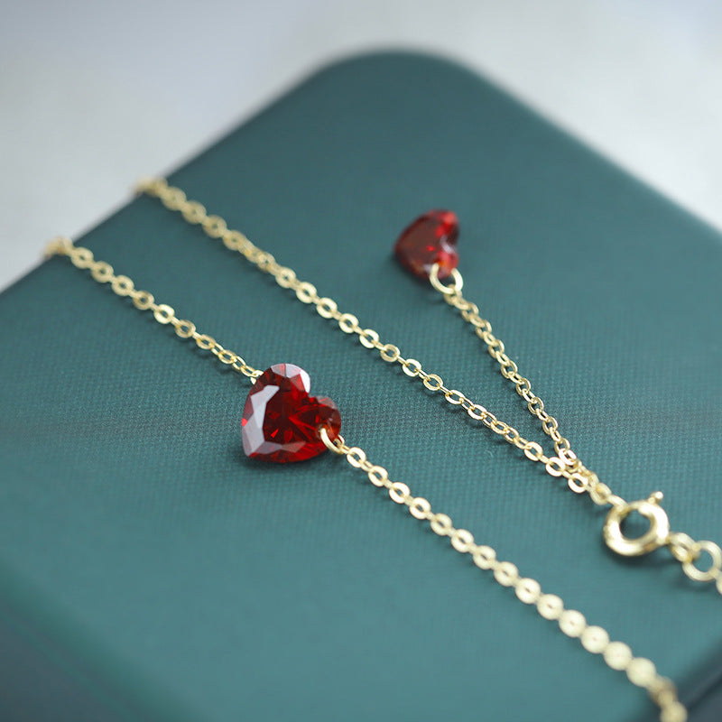 Sterling Silver Double Heart Red C/Z 14K Gold Plated Pendant Necklace