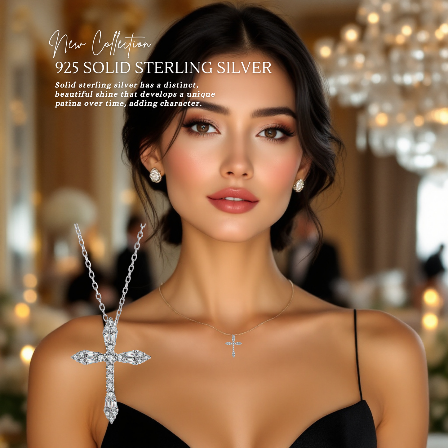 Sterling Silver Diamond Cross C/Z Pendant Necklace Solid S925 Hallmark