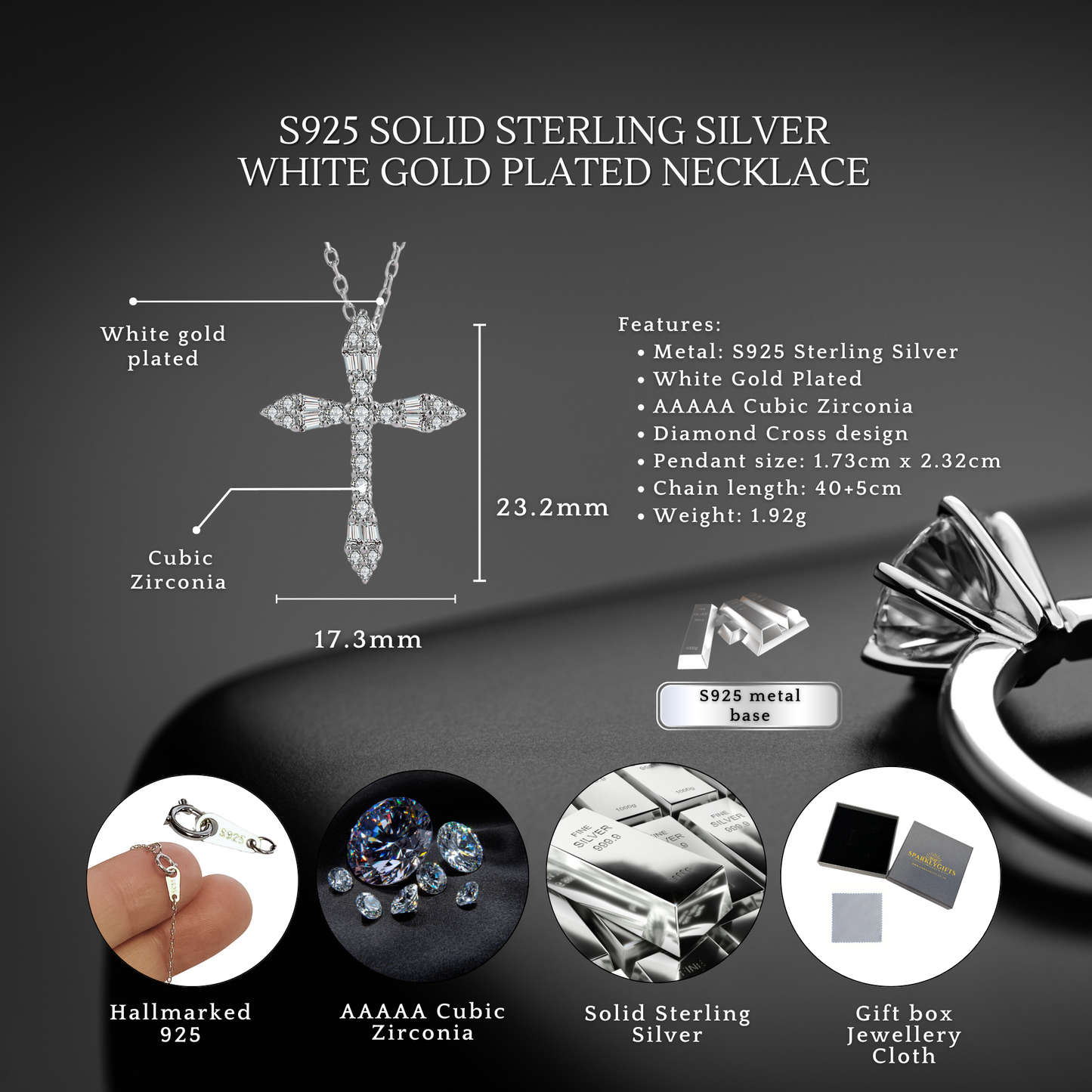 Sterling Silver Diamond Cross C/Z Pendant Necklace Solid S925 Hallmark