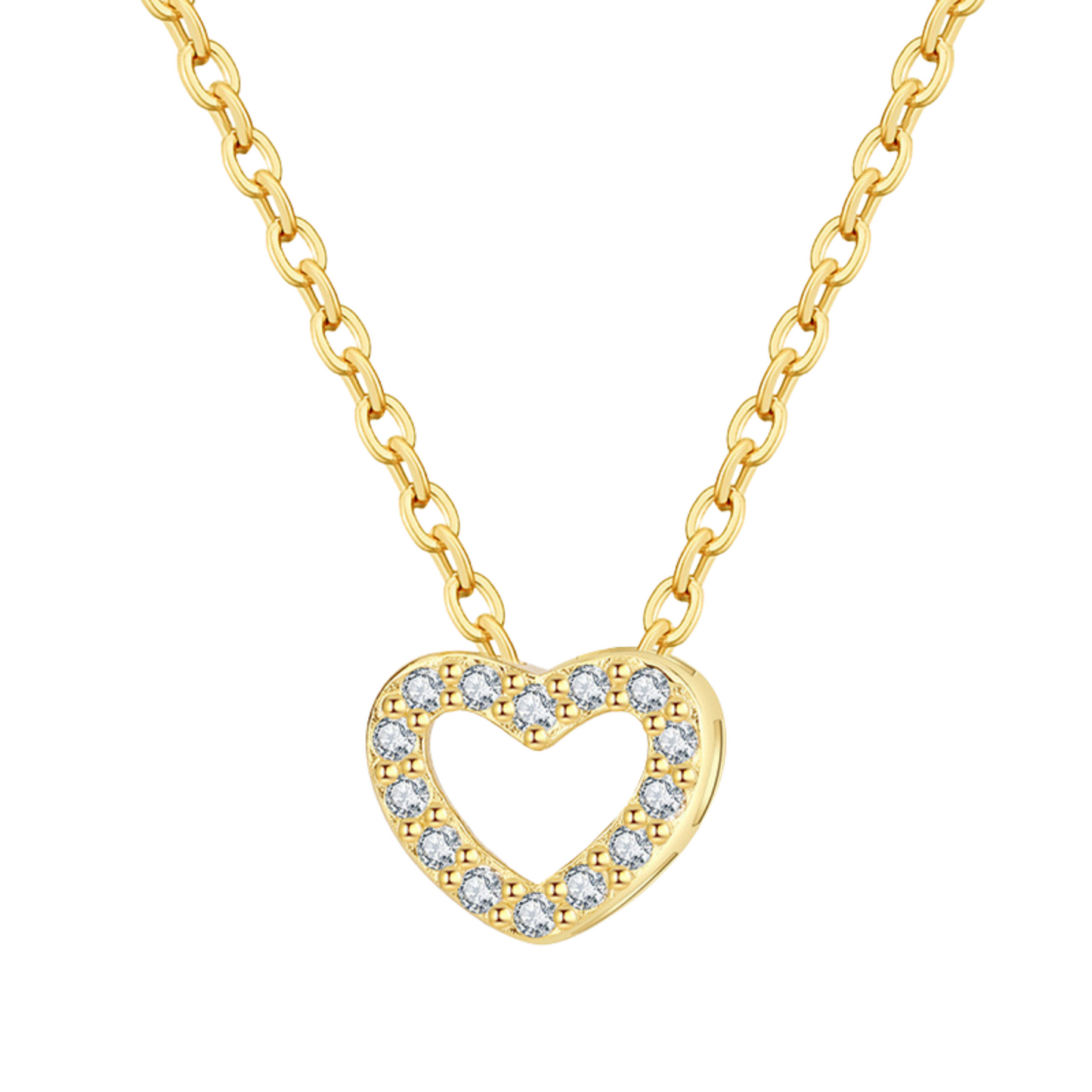 Sterling Silver Open Dainty Heart Red C/Z 14K Gold Plated Pendant Necklace