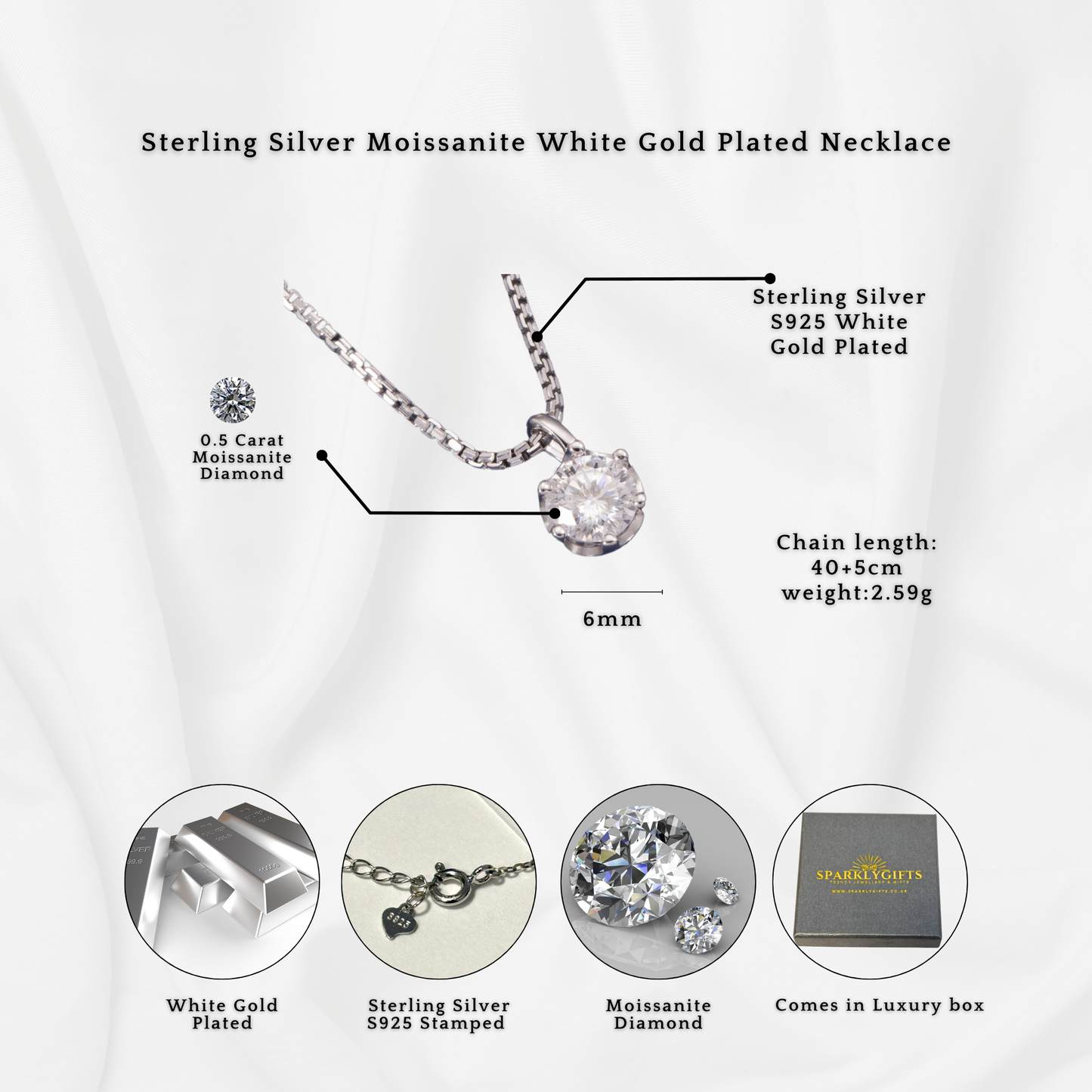 Sterling Silver Classic Moissanite Solitaire 6mm Pendant Necklace