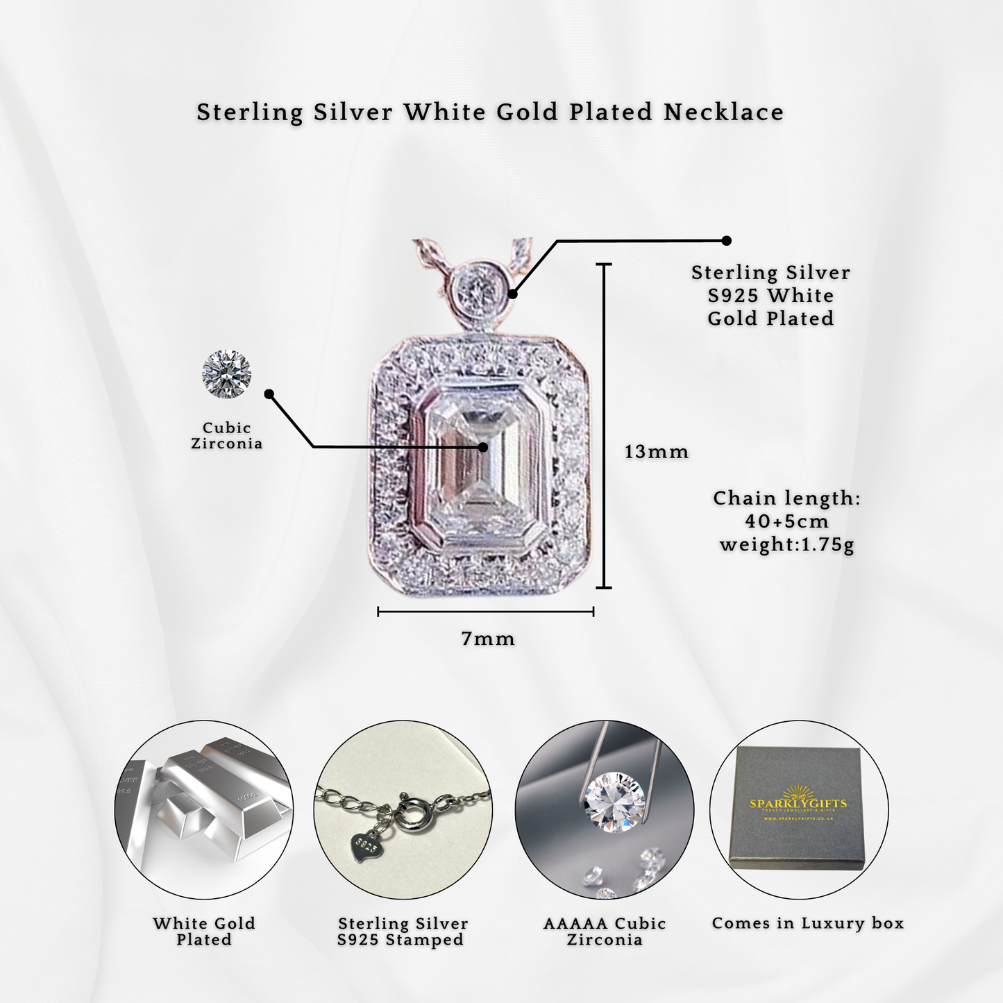 S925 Sterling Silver Emerald Cut Halo C/Z Pendant Necklace