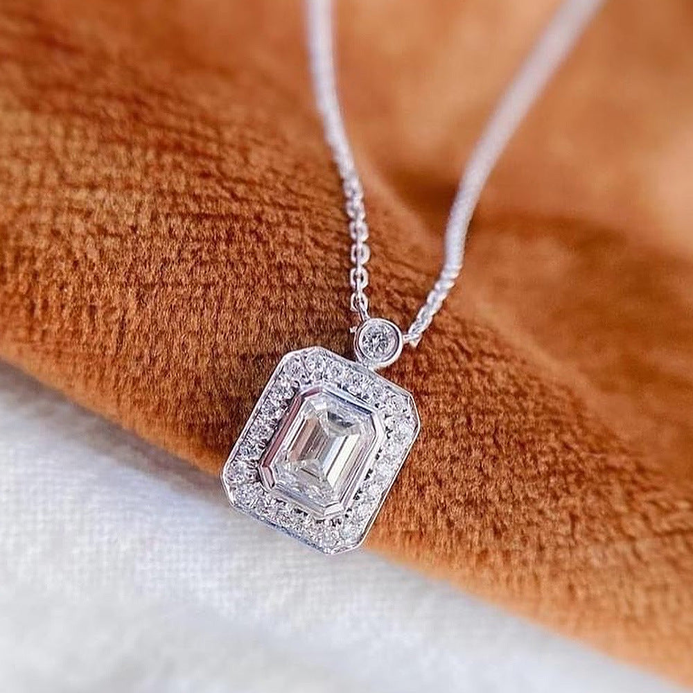 S925 Sterling Silver Emerald Cut Halo C/Z Pendant Necklace