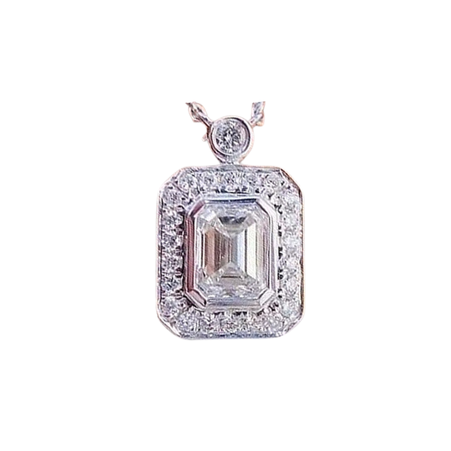 S925 Sterling Silver Emerald Cut Halo C/Z Pendant Necklace