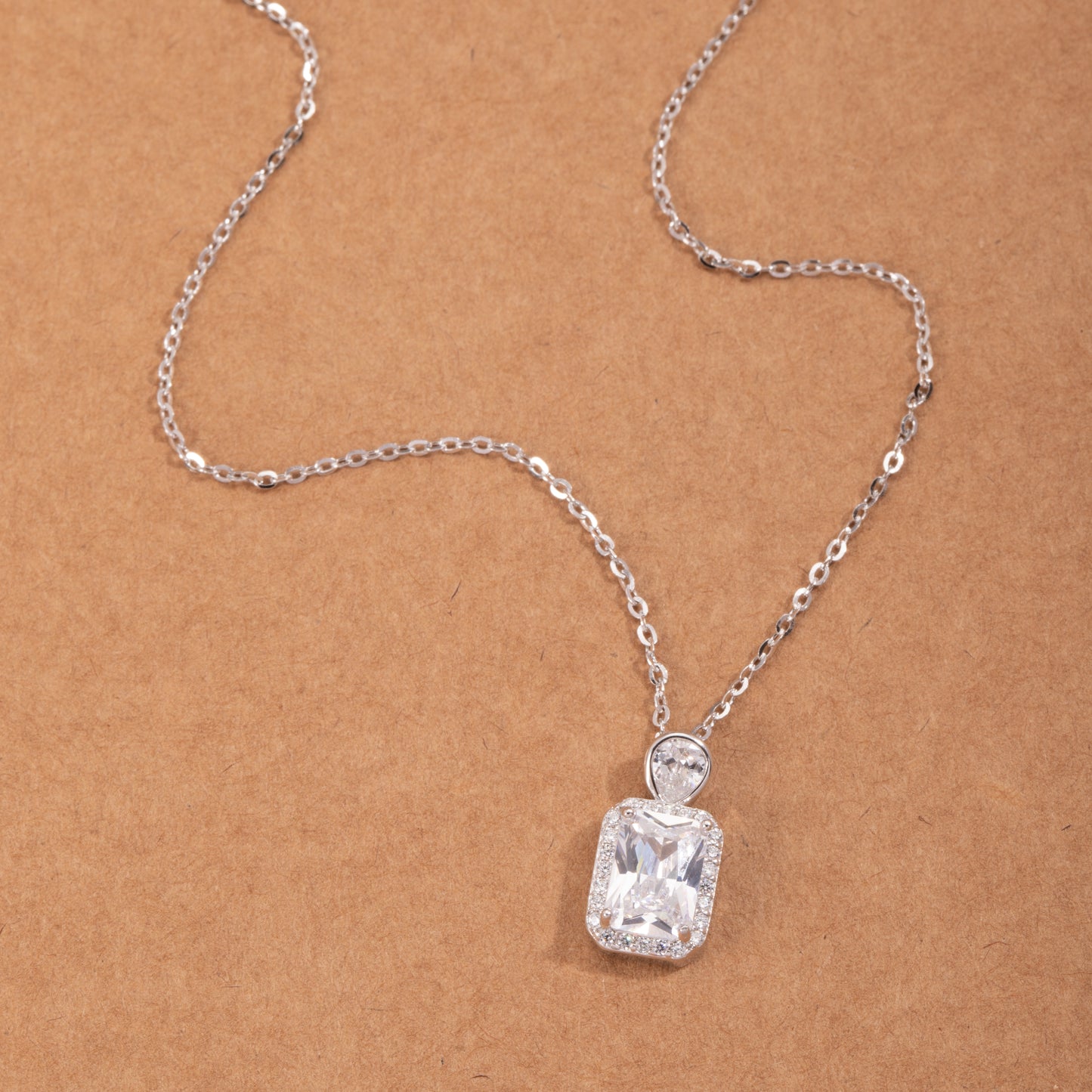 S925 Sterling Silver Emerald Cut Halo C/Z Pendant Necklace