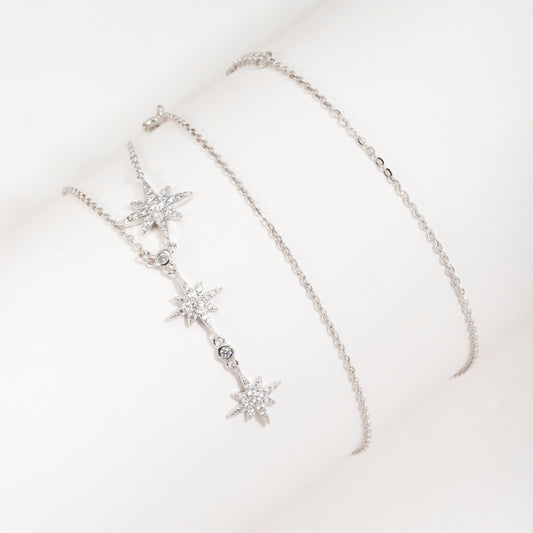 Sterling Silver Starbust Lariat C/Z Pendant Necklace