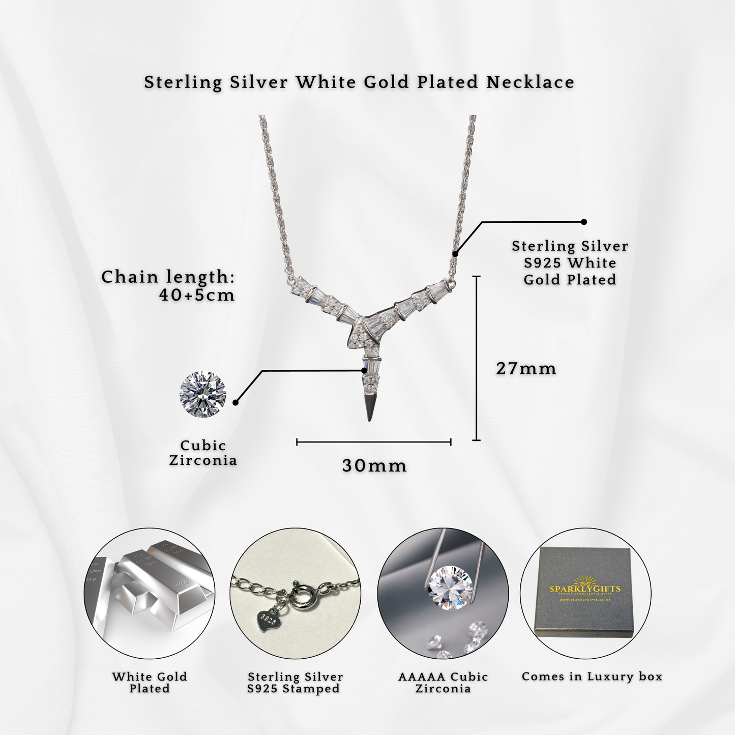 Sterling Silver Baguette V Pendant Necklace White Gold 18K Yellow Gold Plated