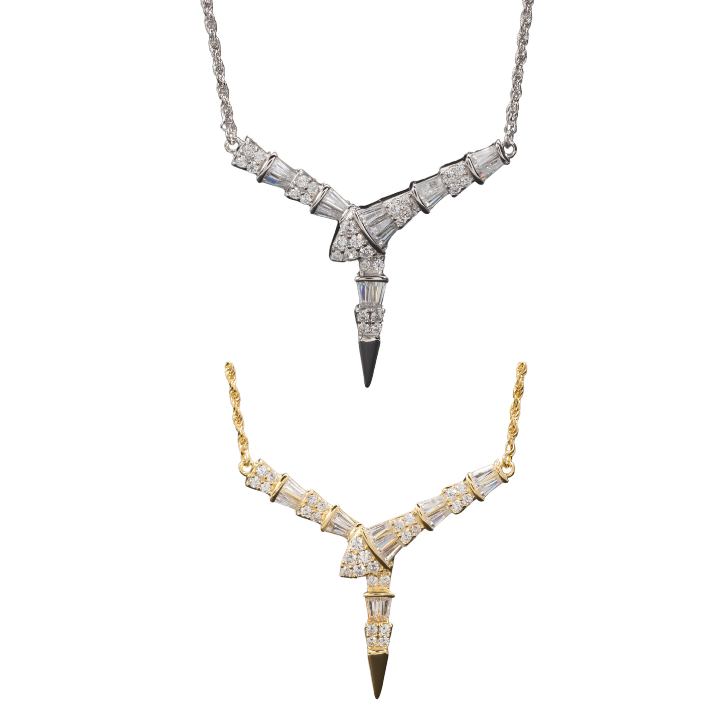 Sterling Silver Baguette V Pendant Necklace White Gold 18K Yellow Gold Plated