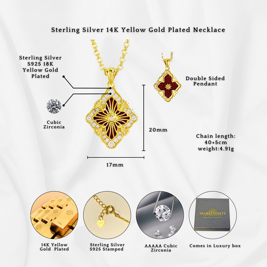 Sterling Silver Double-Sided Red Agate Clover 14K Gold Plated C/Z Pendant Necklace