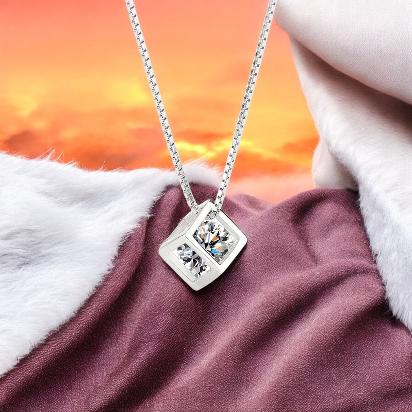 Sterling Silver Crystal Cube C/Z Pendant Necklace
