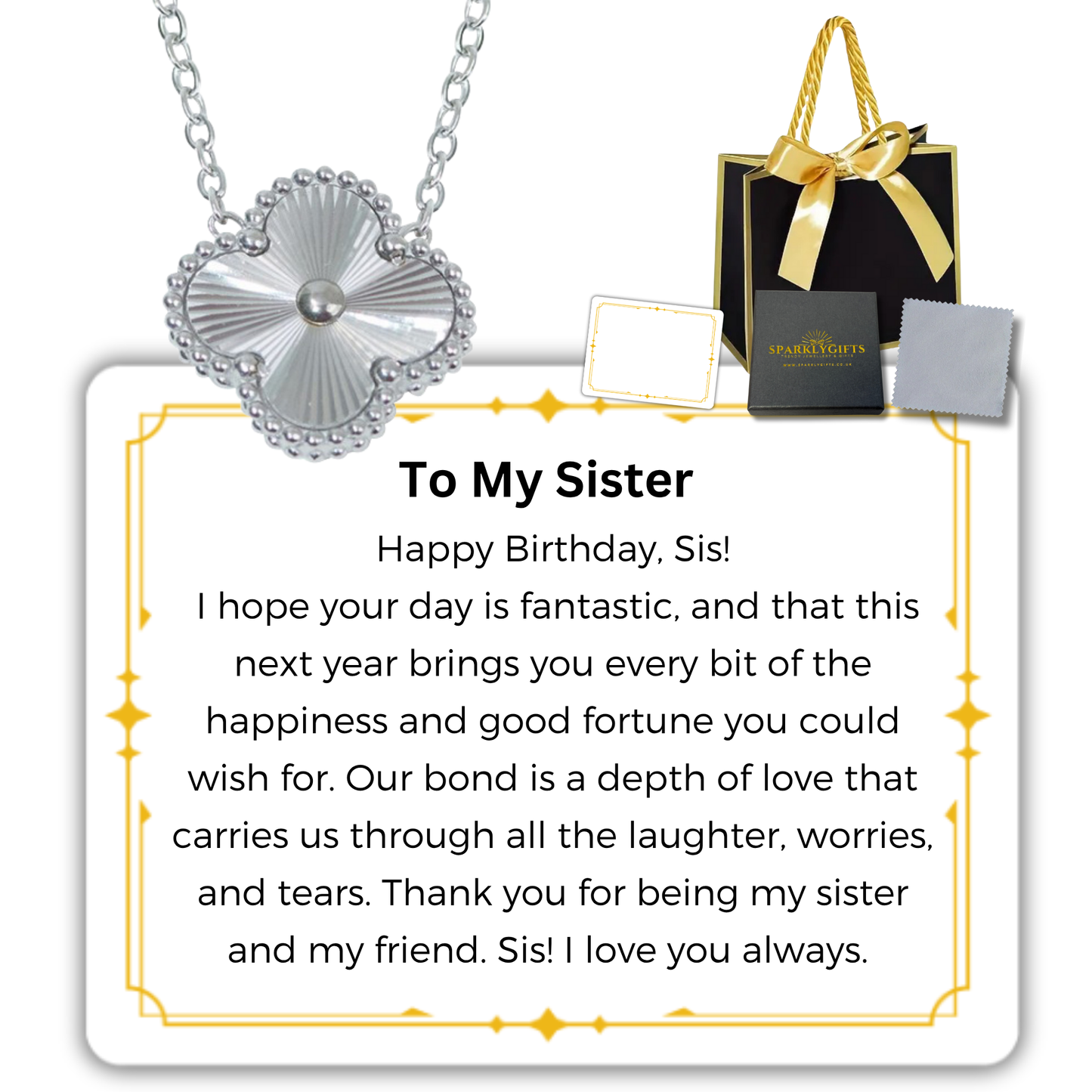 To My Sister S925 Sterling Silver Clover Pendant Necklace 14K Gold Plated