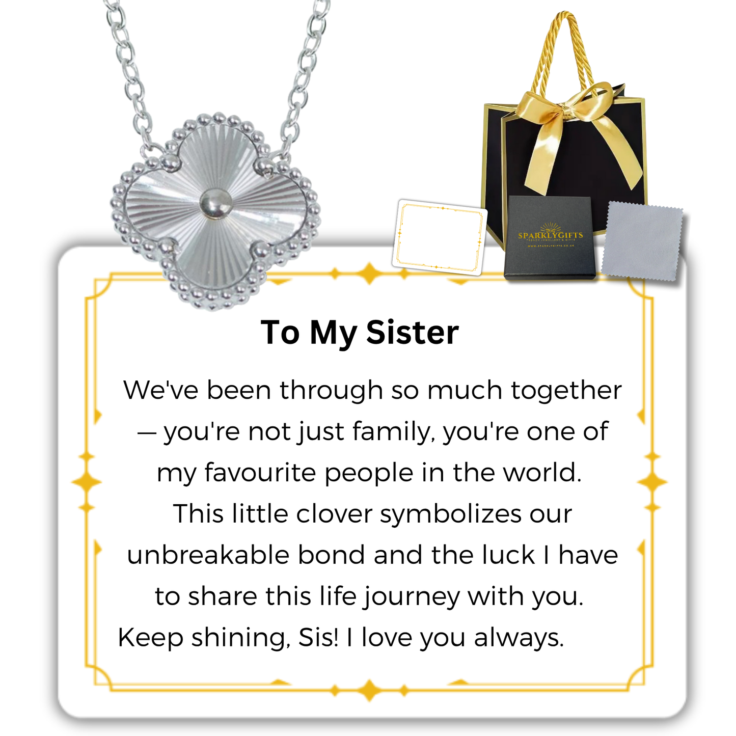 To My Sister S925 Sterling Silver Clover Pendant Necklace 14K Gold Plated