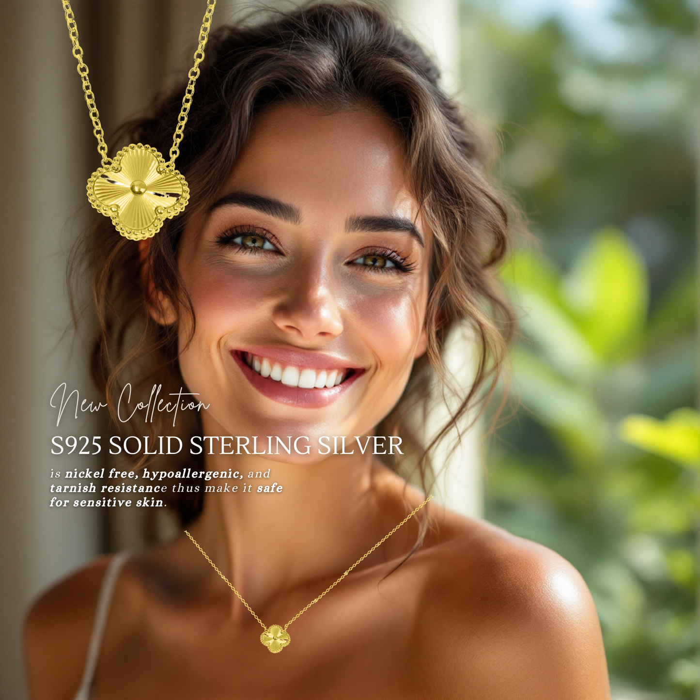 To My Besties S925 Sterling Silver Clover Pendant Necklace 14K Gold Plated