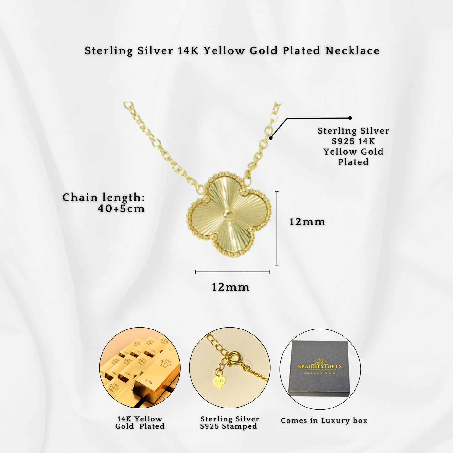 S925 Sterling Silver Lucky Clover Four Leaf Pendant Necklace White Gold 14K Yellow Gold Plated