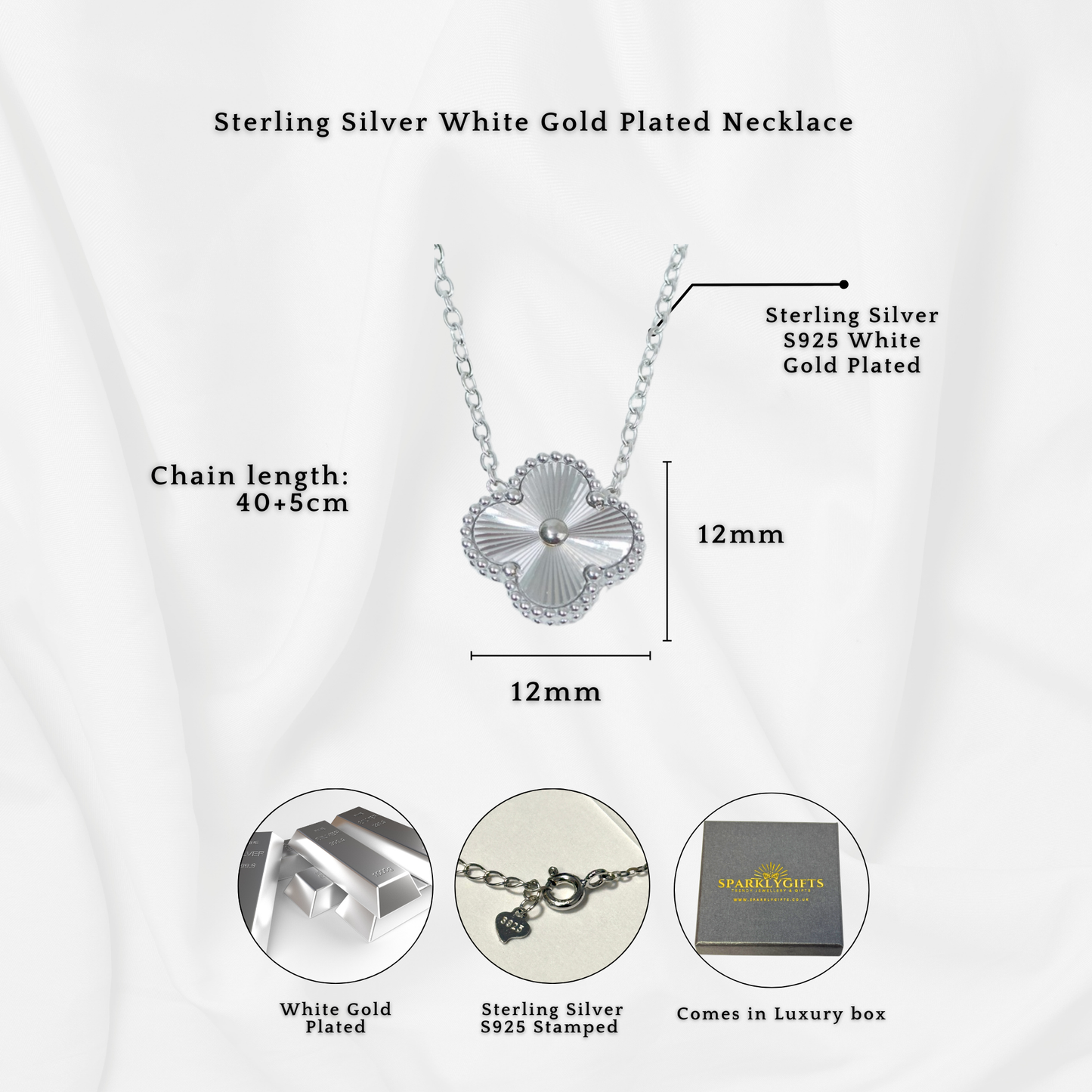 S925 Sterling Silver Lucky Clover Four Leaf Pendant Necklace White Gold 14K Yellow Gold Plated