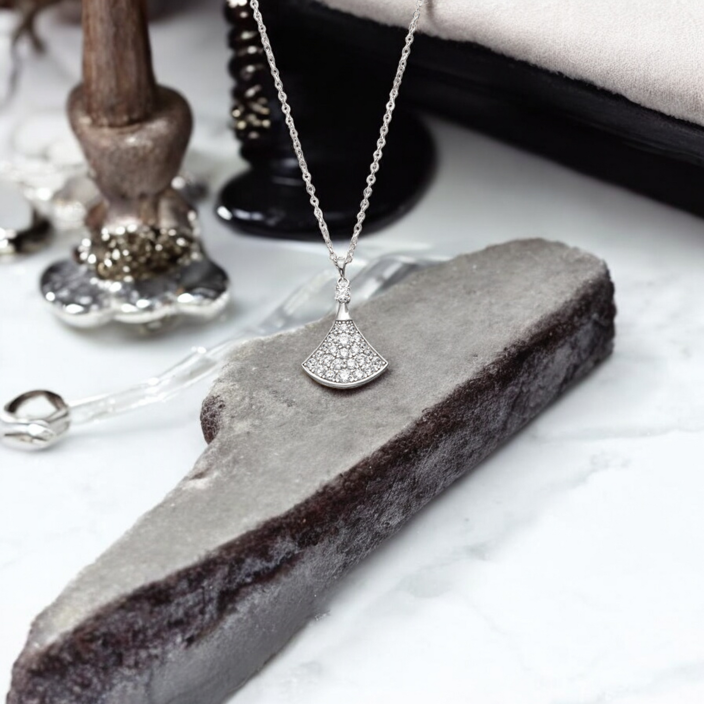 Sterling Silver Diva's Dream Inspired Fan C/Z Pendant Necklace