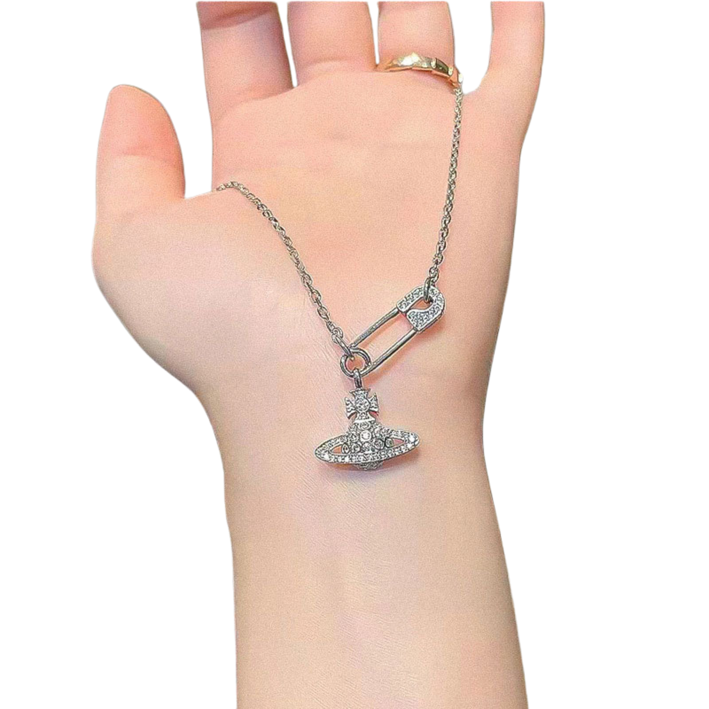 S925 Sterling Silver Vivienne Westwood Inspired Diamante Pin Orb C/Z Pendant Necklace