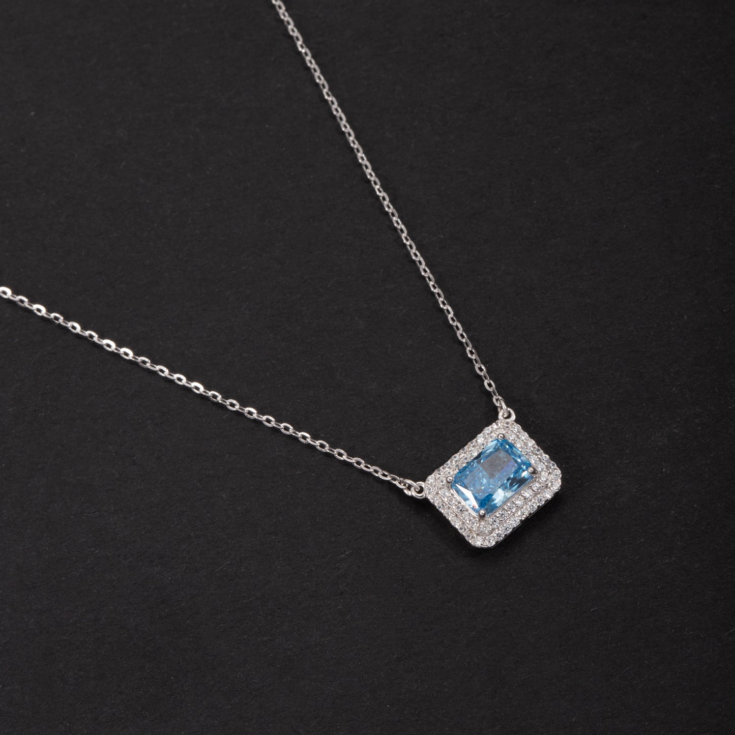Sterling Silver Blue Topaz Crystal Halo C/Z Pendant Necklace