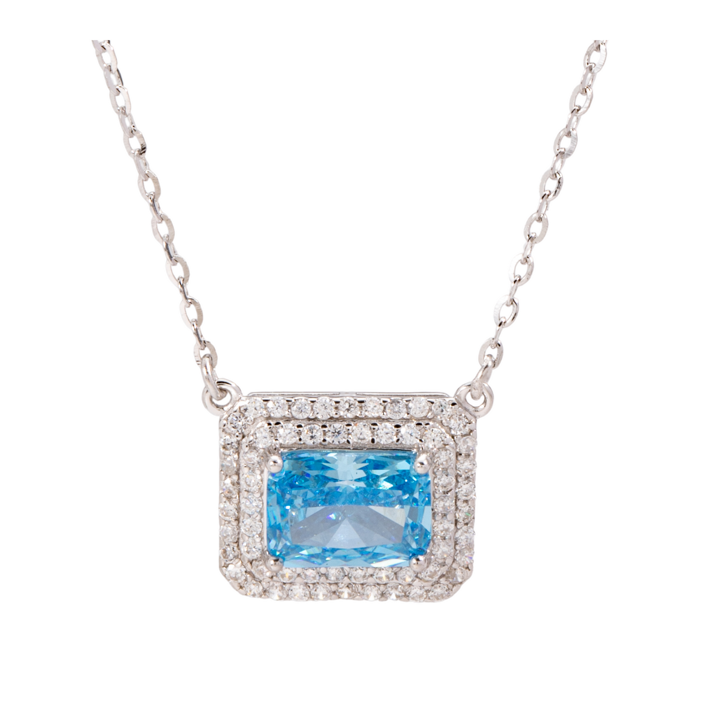 Sterling Silver Blue Topaz Crystal Halo C/Z Pendant Necklace