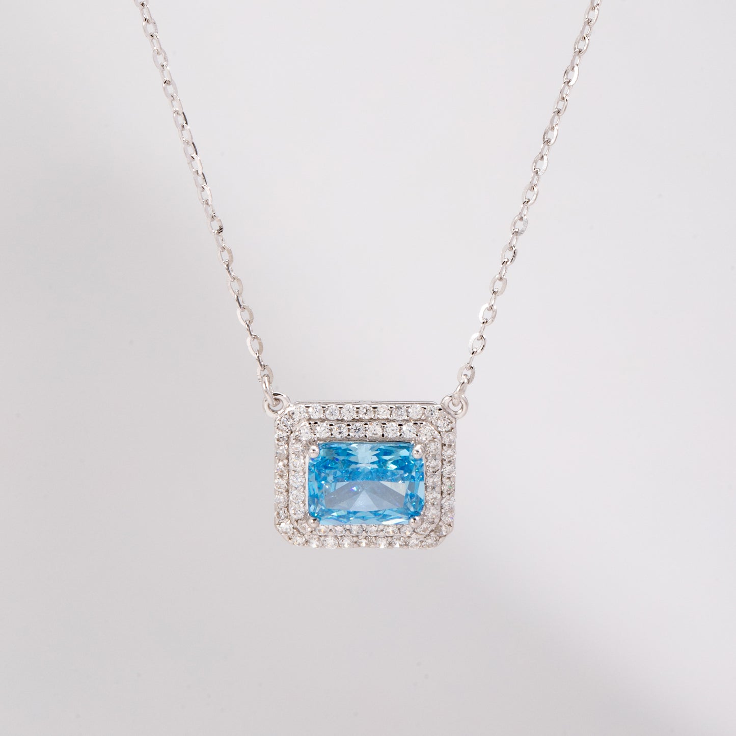 Sterling Silver Blue Topaz Crystal Halo C/Z Pendant Necklace