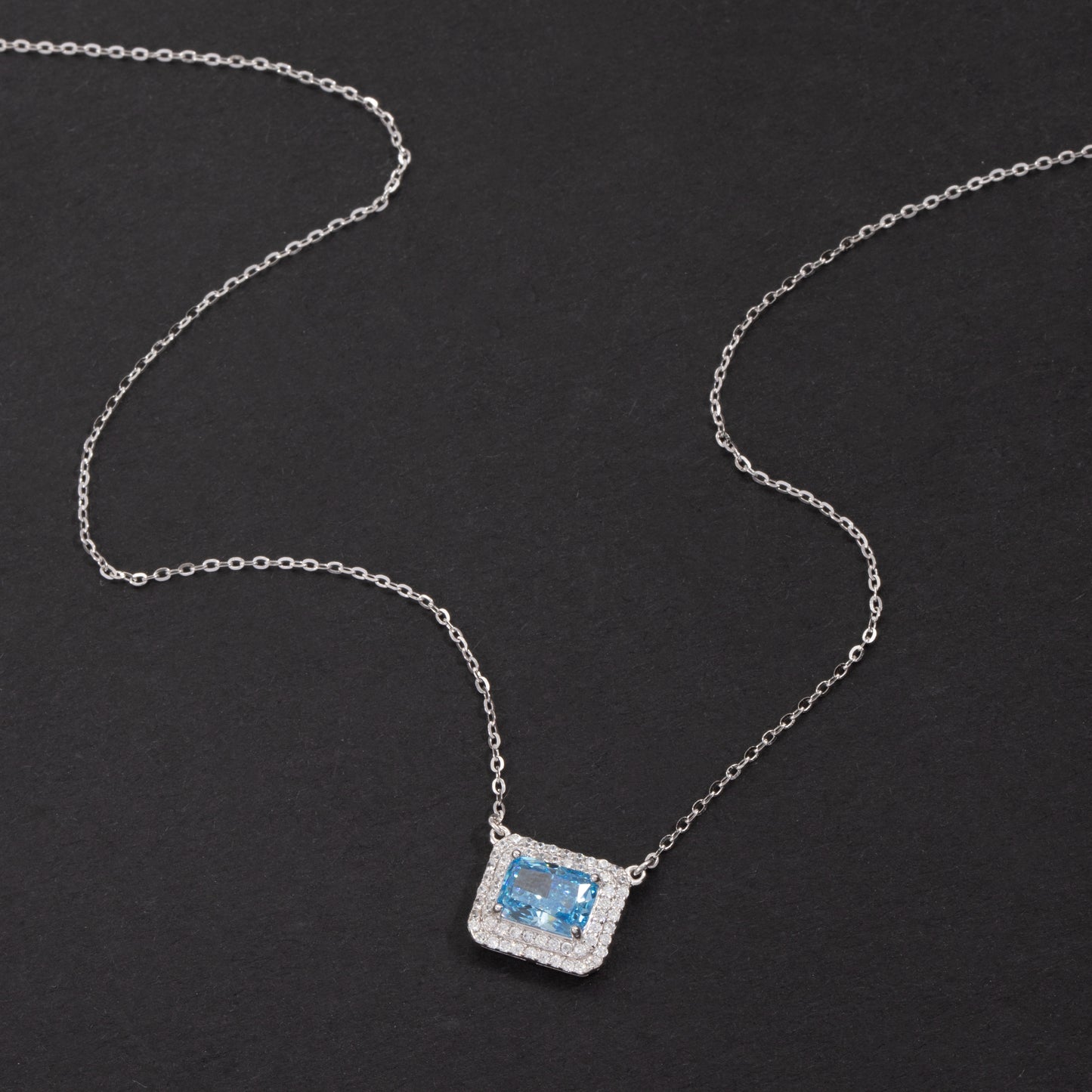 Sterling Silver Blue Topaz Crystal Halo C/Z Pendant Necklace