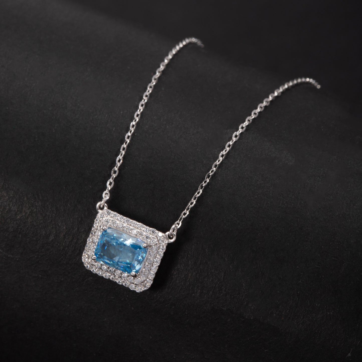 Sterling Silver Blue Topaz Crystal Halo C/Z Pendant Necklace