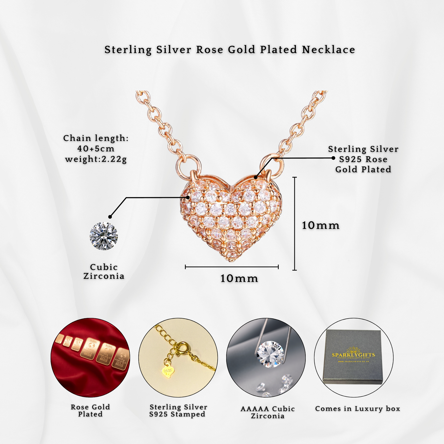 S925 Sterling Silver Pave Heart Rose Gold Plated C/Z Pendant Necklace