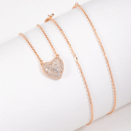 S925 Sterling Silver Pave Heart Rose Gold Plated C/Z Pendant Necklace