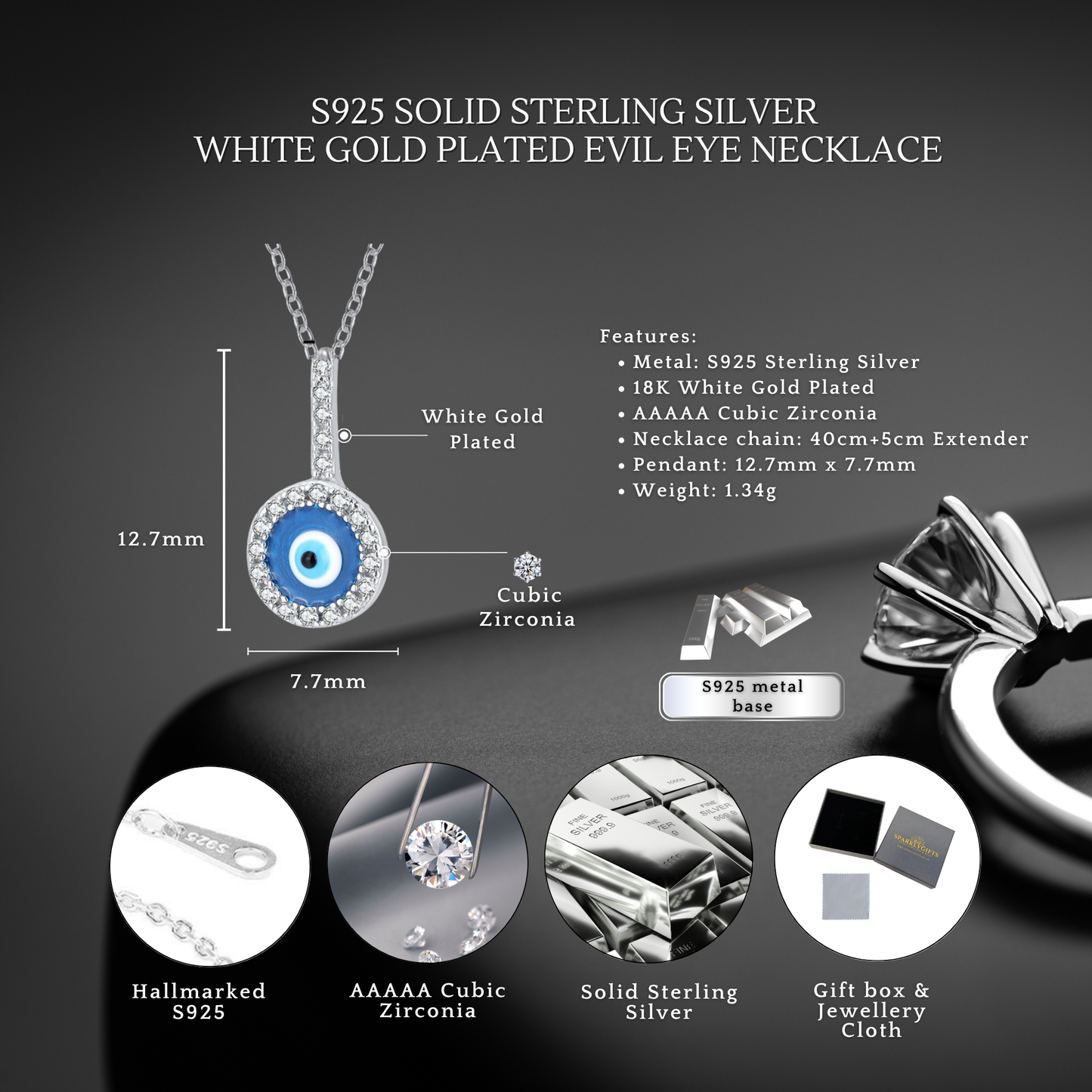 S925 Sterling Silver Evil Eye Necklace with C/Z
