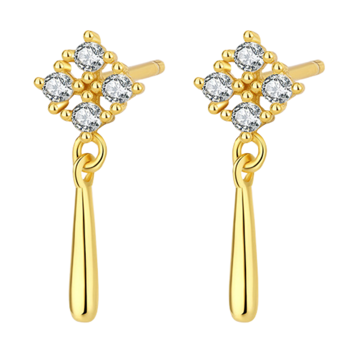 Sterling Silver Dangling C/Z Cluster 14K Yellow Gold Plated Drop Earrings