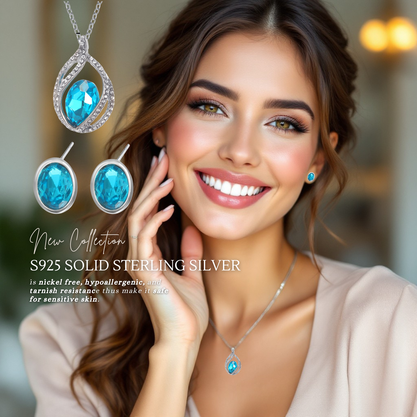 Sterling Silver AquaGlow Pendant Necklace & Earrings Set