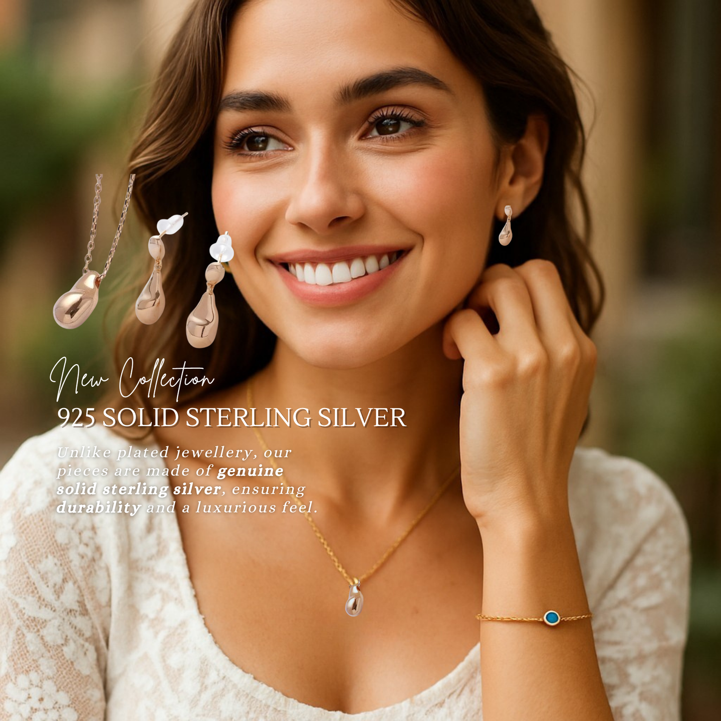 S925 Sterling Silver Lustrous Teardrop Necklace & Earrings Jewellery Set