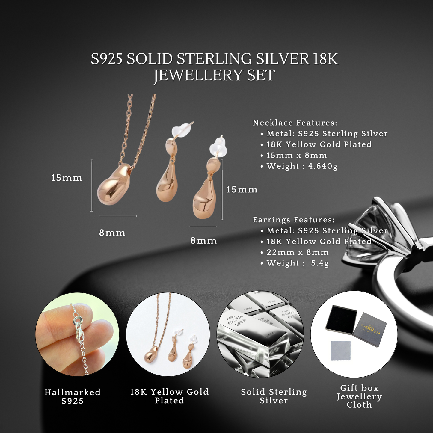 S925 Sterling Silver Lustrous Teardrop Necklace & Earrings Jewellery Set