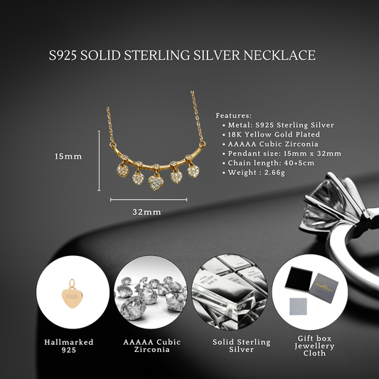 S925 Sterling Silver Golden Hearts Dangle Necklace