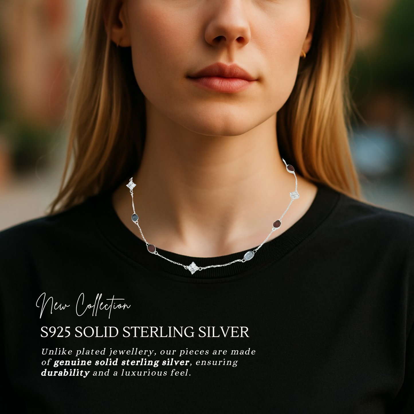 S925 Sterling Silver Agate & Aquamarine Stream Necklace Choker