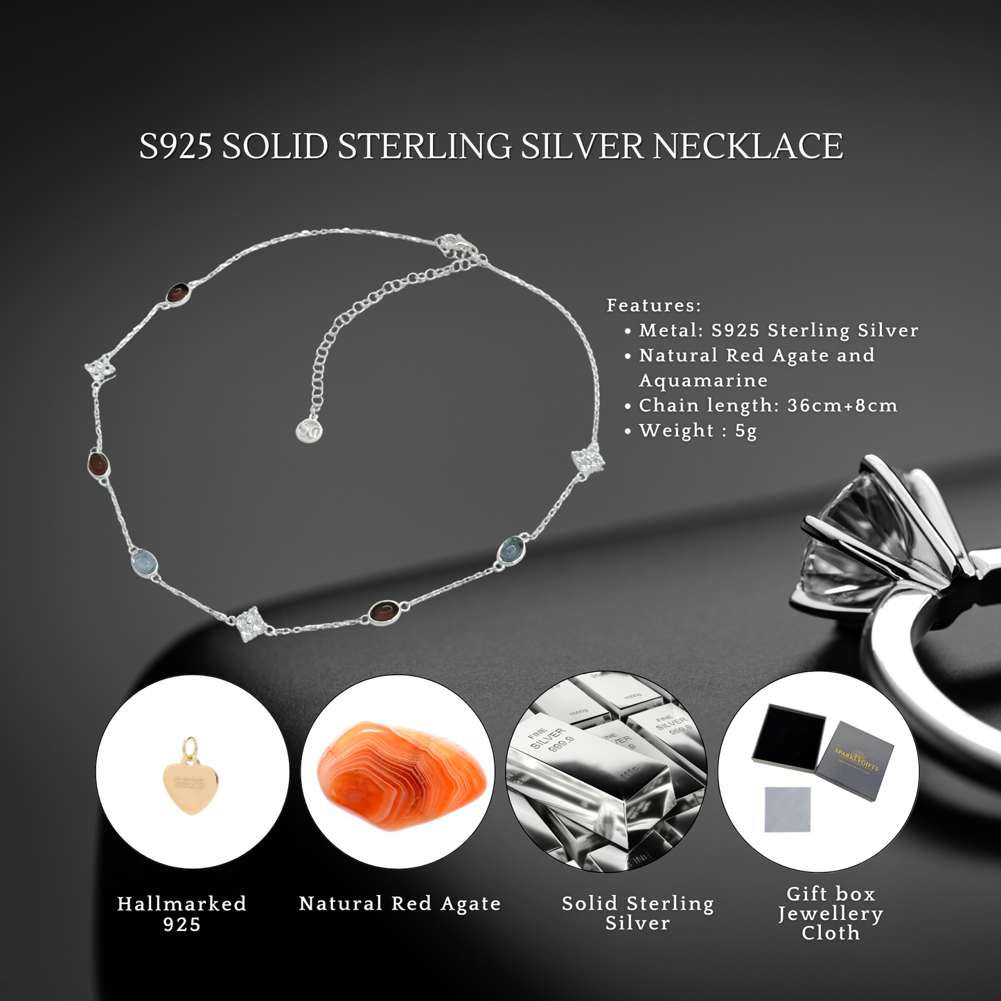 S925 Sterling Silver Agate & Aquamarine Stream Necklace Choker