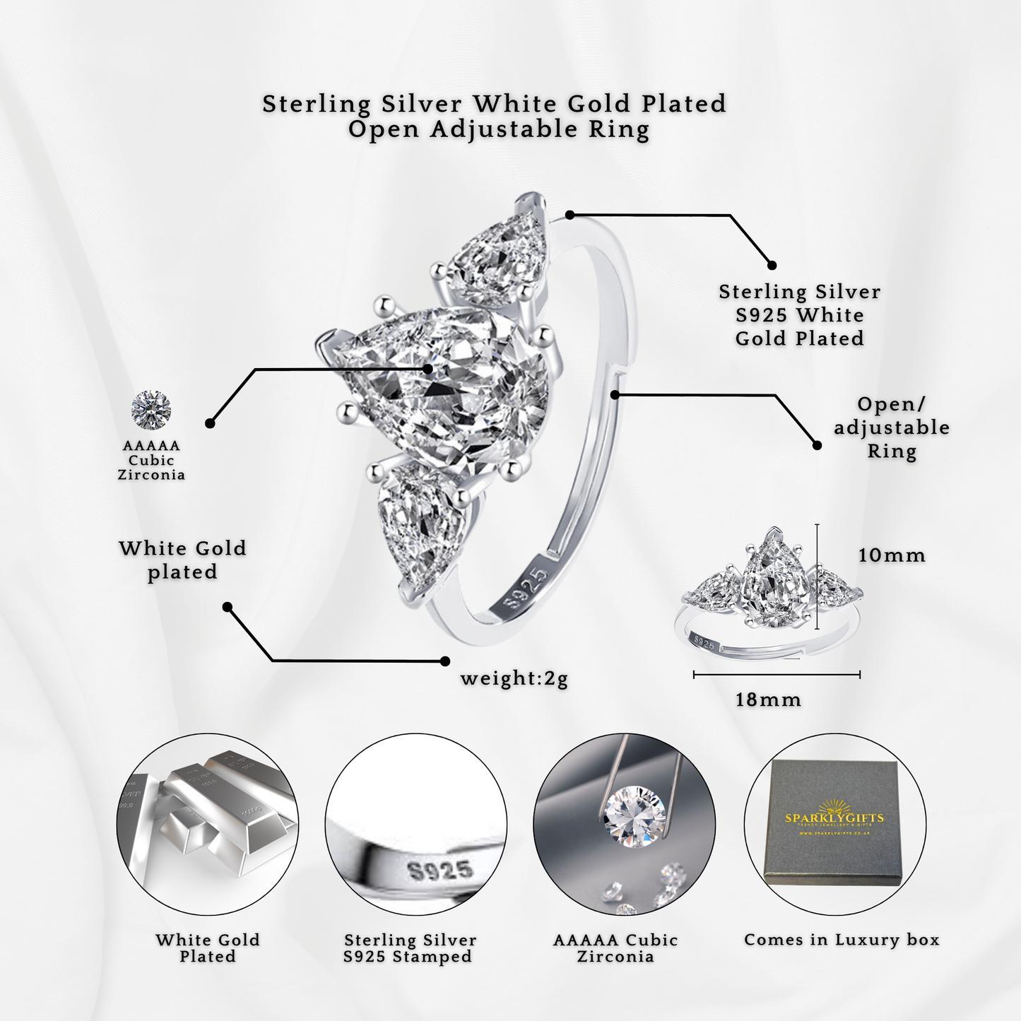 S925 Sterling Silver Three Stone Pear C/Z Open Adjustable Ring