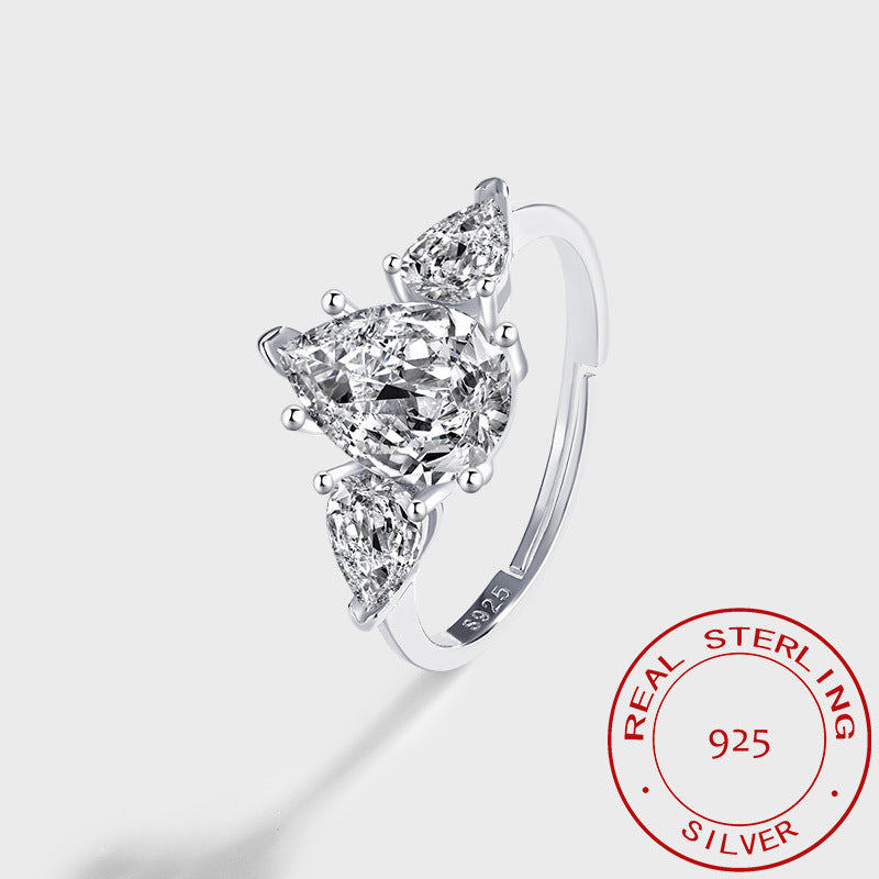 S925 Sterling Silver Three Stone Pear C/Z Open Adjustable Ring