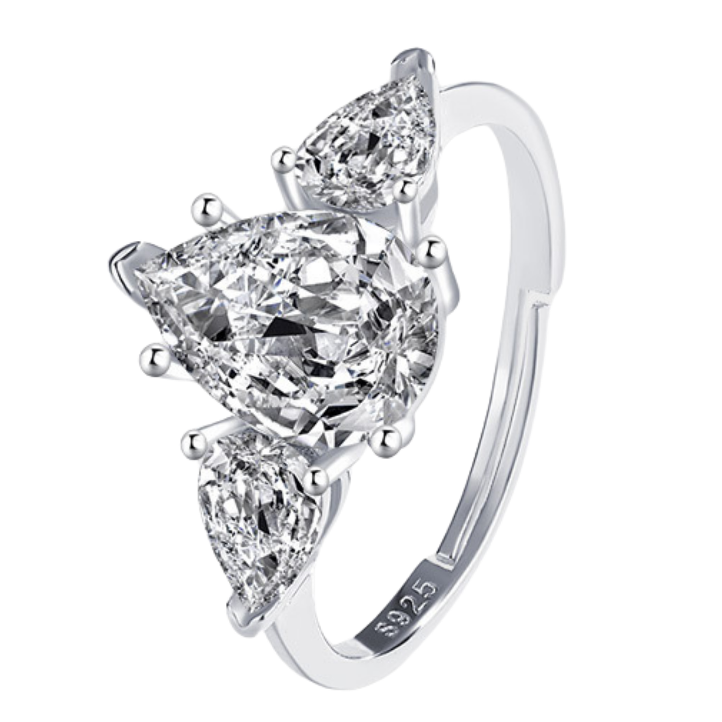 S925 Sterling Silver Three Stone Pear C/Z Open Adjustable Ring