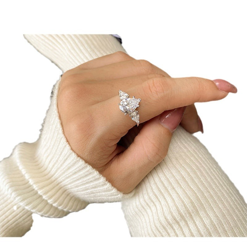 S925 Sterling Silver Three Stone Pear C/Z Open Adjustable Ring