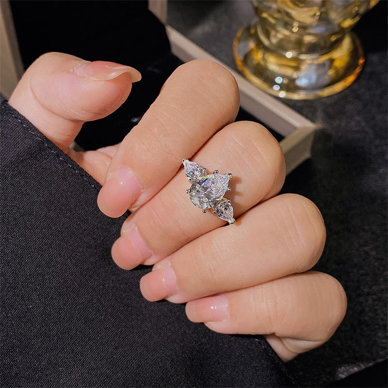 S925 Sterling Silver Three Stone Pear C/Z Open Adjustable Ring