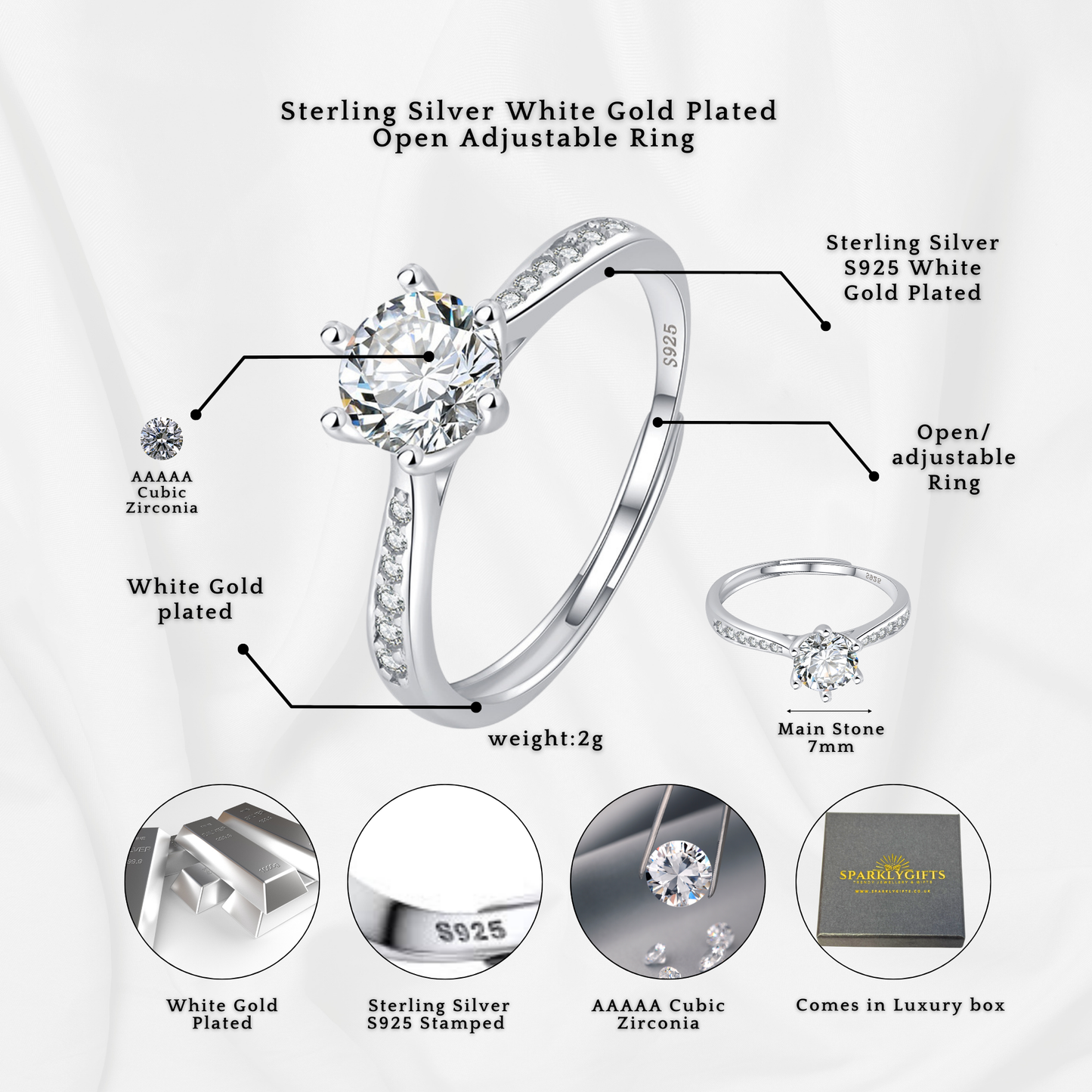 S925 Sterling Silver Solitaire C/Z 7mm Open Adjustable Ring