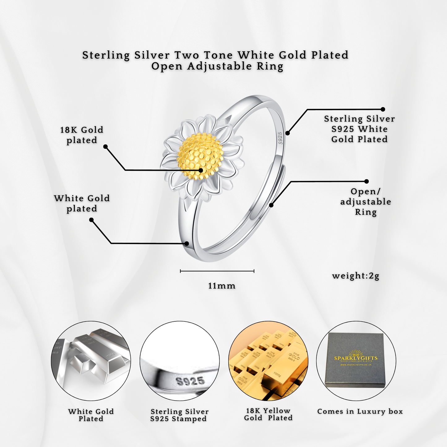 Sterling Silver Two-Tone Daisy Open Adjustable Ring